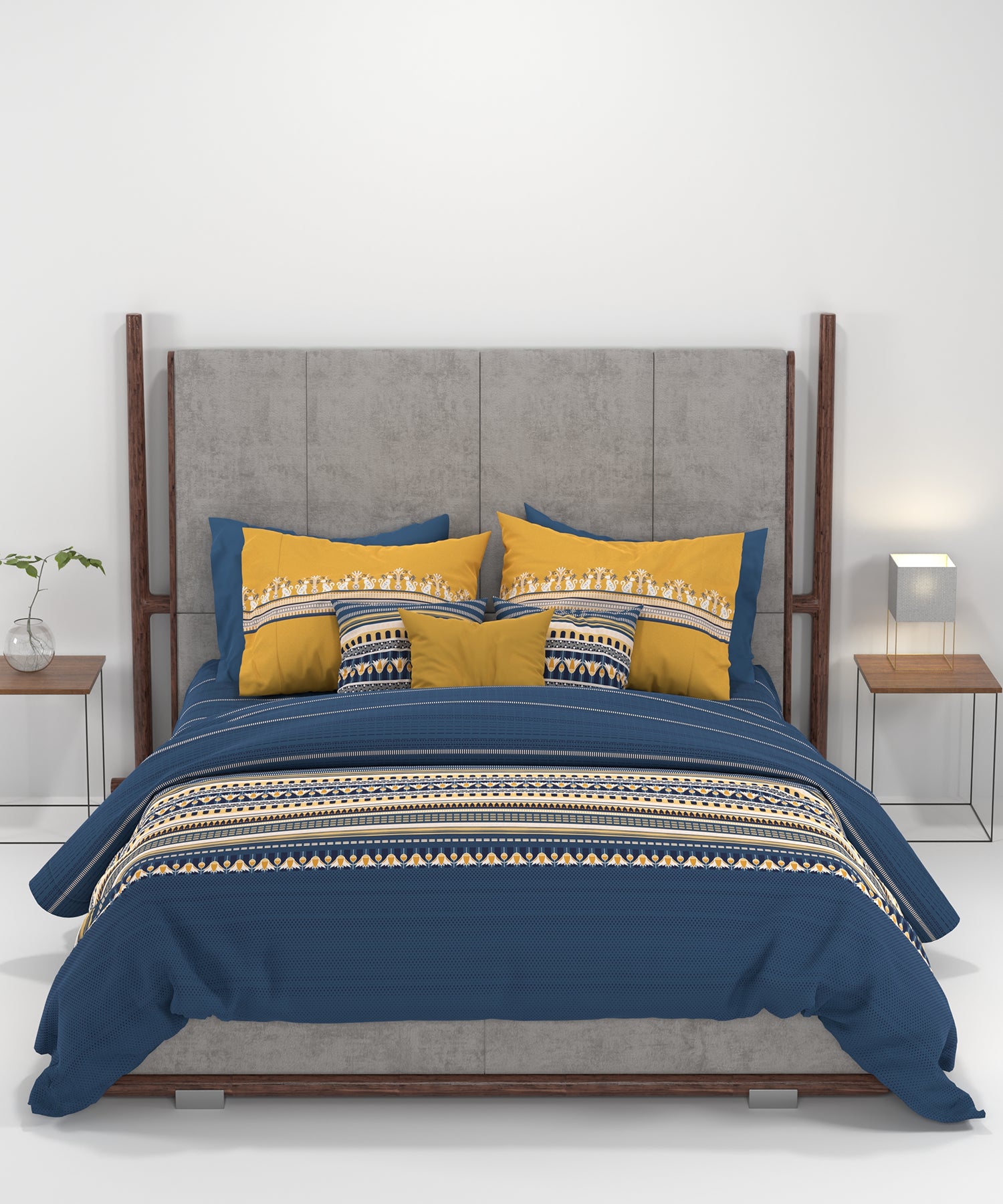 Carnival Gold Art Deco King Bedsheet, Athena Navy| 144 TC Cotton| 2 Pillow Covers