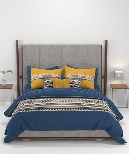Carnival Gold Art Deco King Bedsheet, Athena Navy| 144 TC Cotton| 2 Pillow Covers