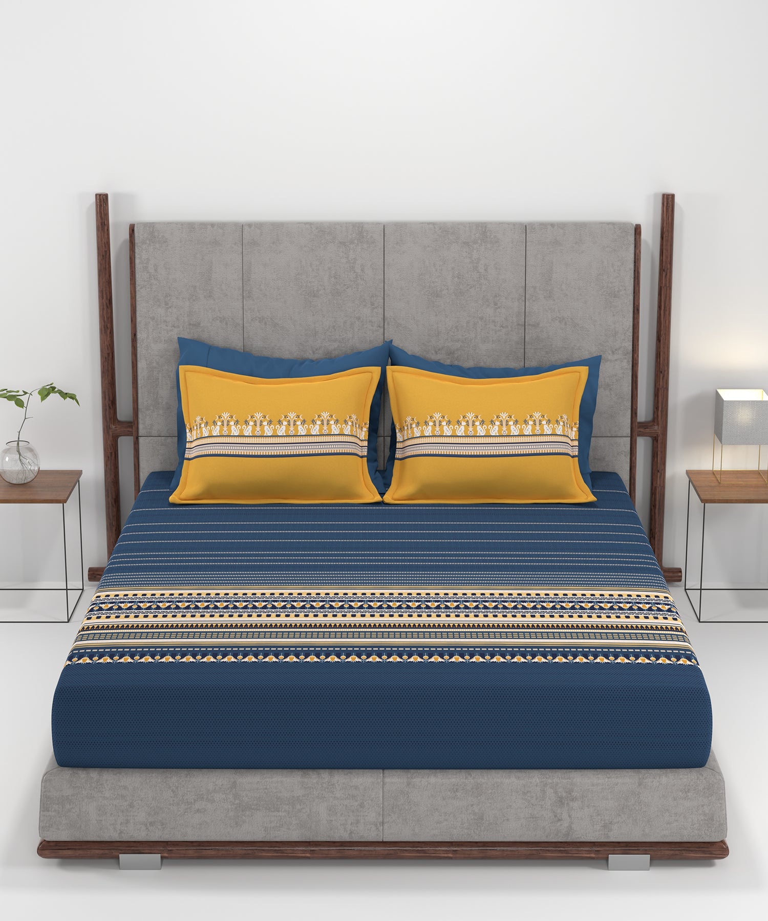 Carnival Gold Art Deco King Bedsheet, Athena Navy| 144 TC Cotton| 2 Pillow Covers