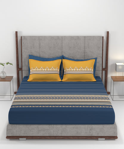 Carnival Gold Art Deco King Bedsheet, Athena Navy| 144 TC Cotton| 2 Pillow Covers