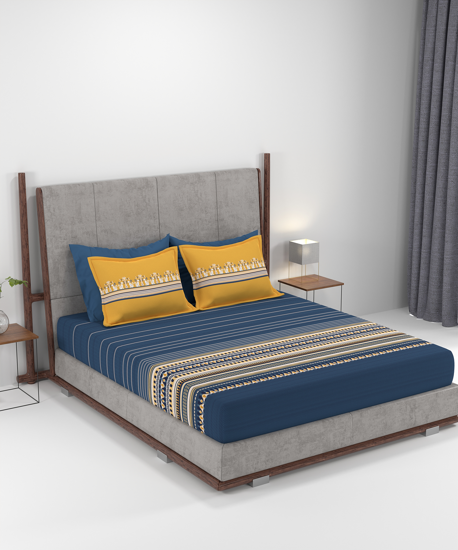 Carnival Gold Art Deco King Bedsheet, Athena Navy| 144 TC Cotton| 2 Pillow Covers