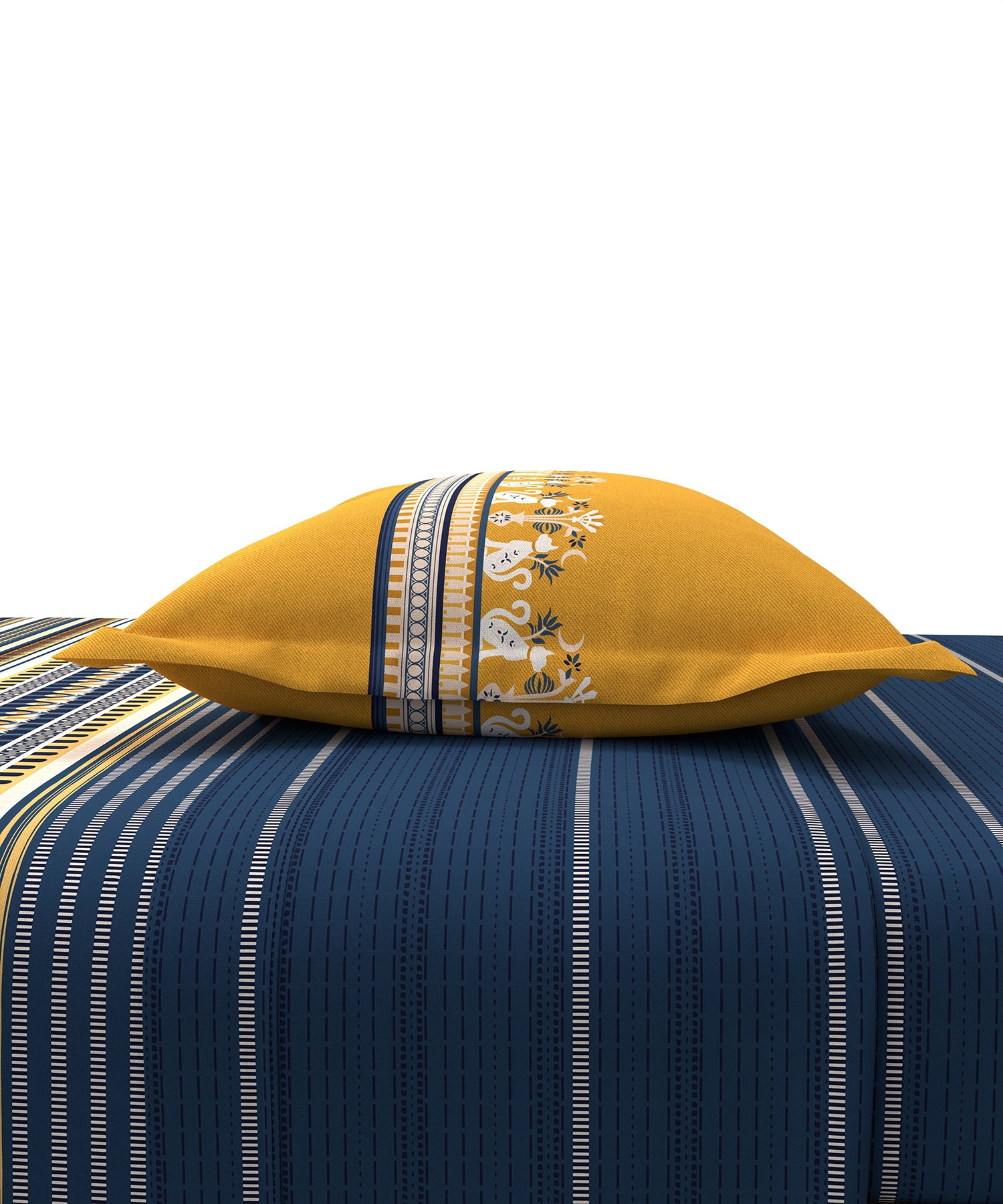 Carnival Gold Art Deco King Bedsheet, Athena Navy| 144 TC Cotton| 2 Pillow Covers