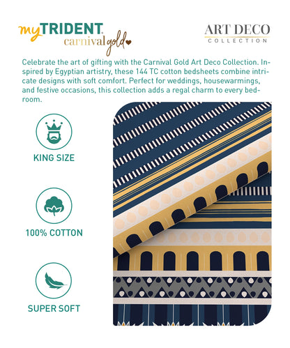 Carnival Gold Art Deco King Bedsheet, Athena Navy| 144 TC Cotton| 2 Pillow Covers