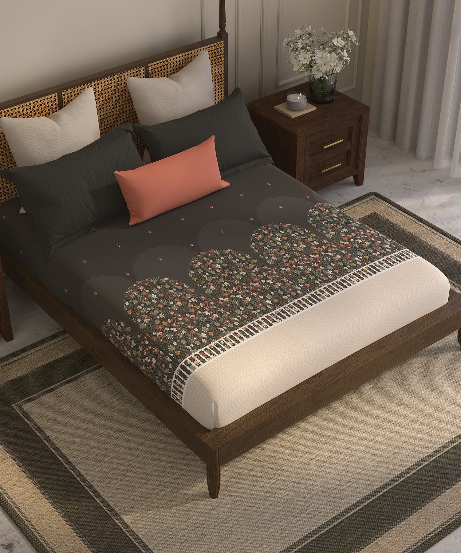 Home Essential  Suzani King Bedsheet, Angan Phool|144TC Cotton| 2 Pillow Covers