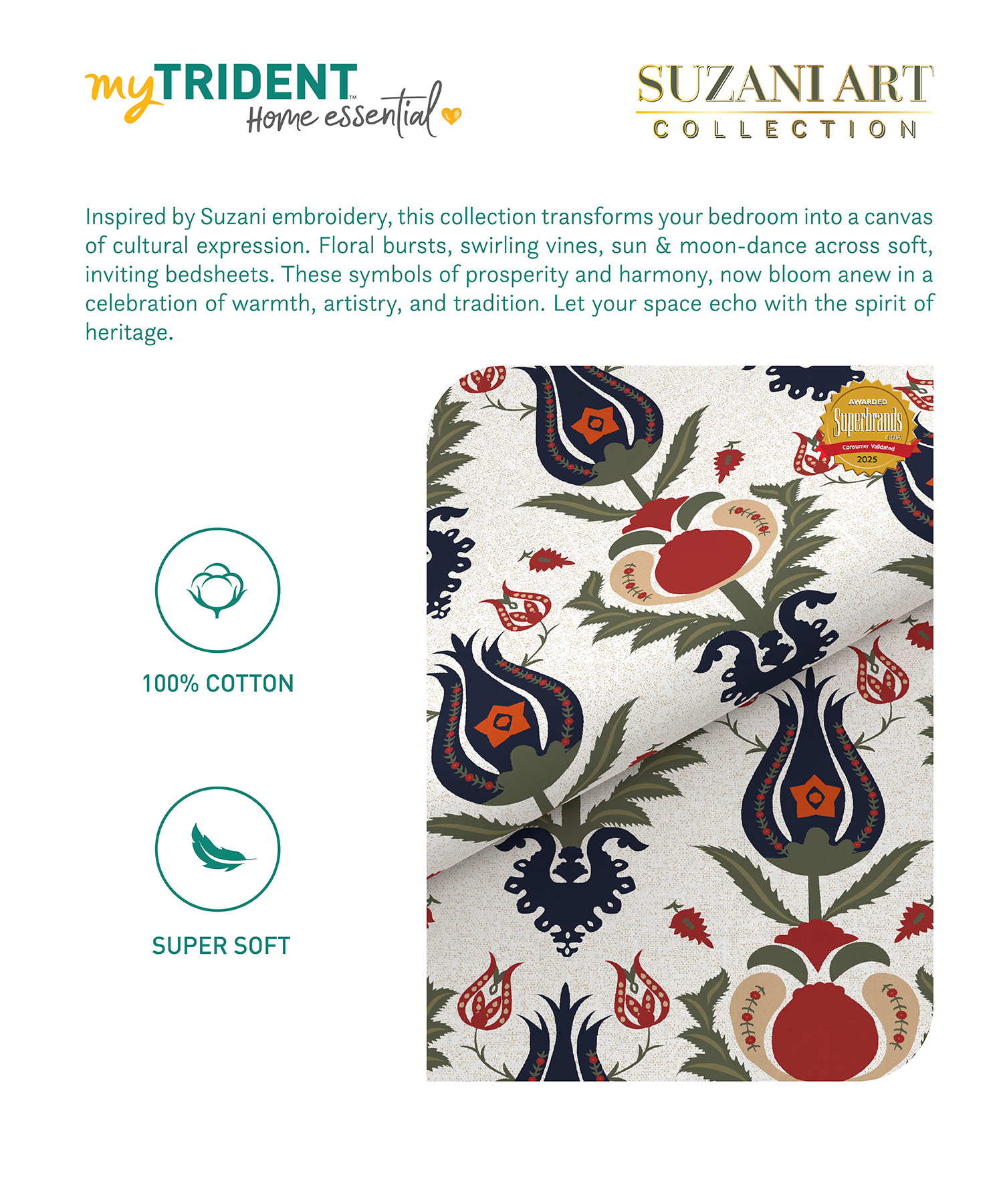 Home Essential  Suzani King Bedsheet, Bhar|144TC Cotton| 2 Pillow Covers