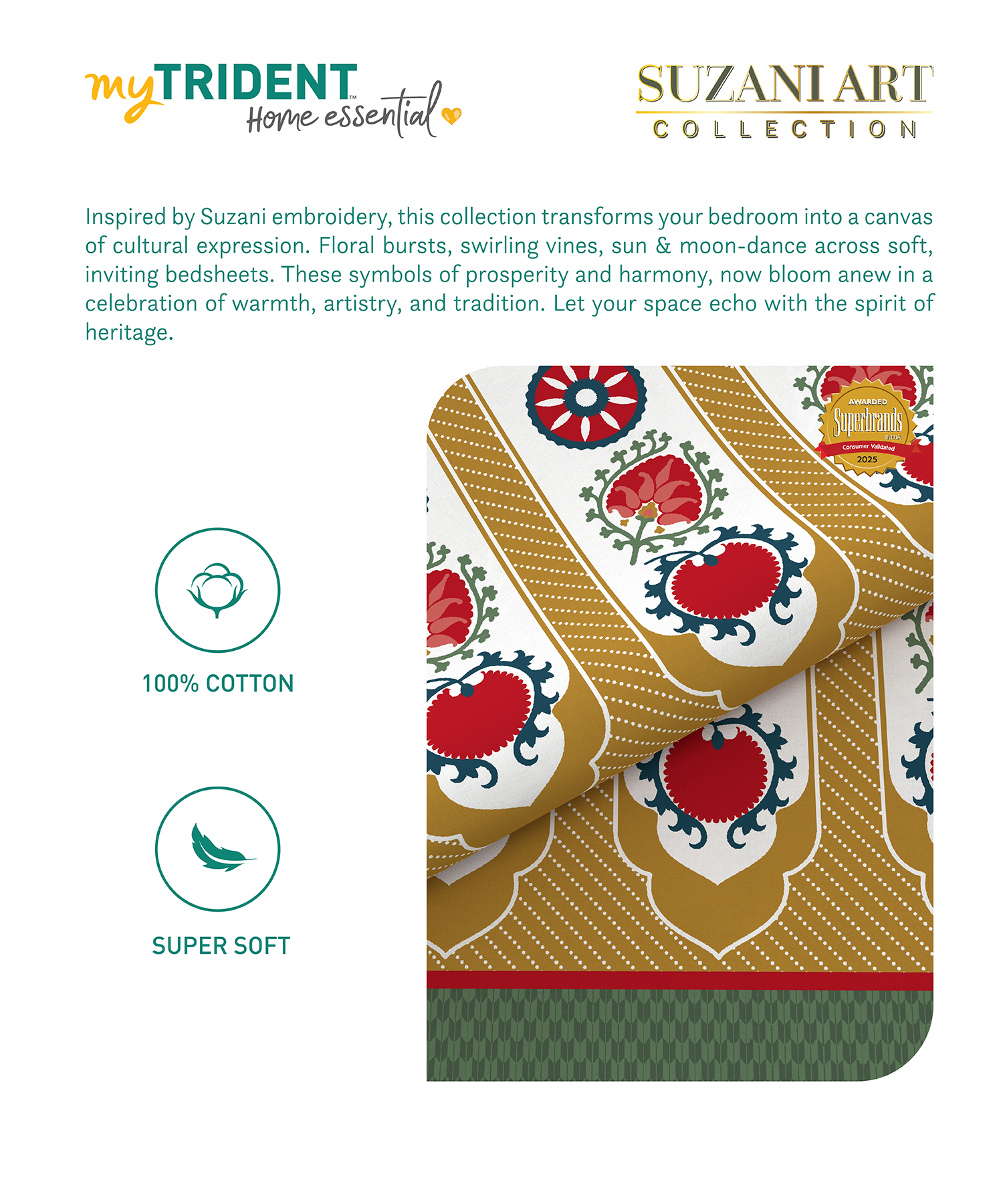 Home Essential  Suzani King Bedsheet, Khush Rang|144TC Cotton| 2 Pillow Covers