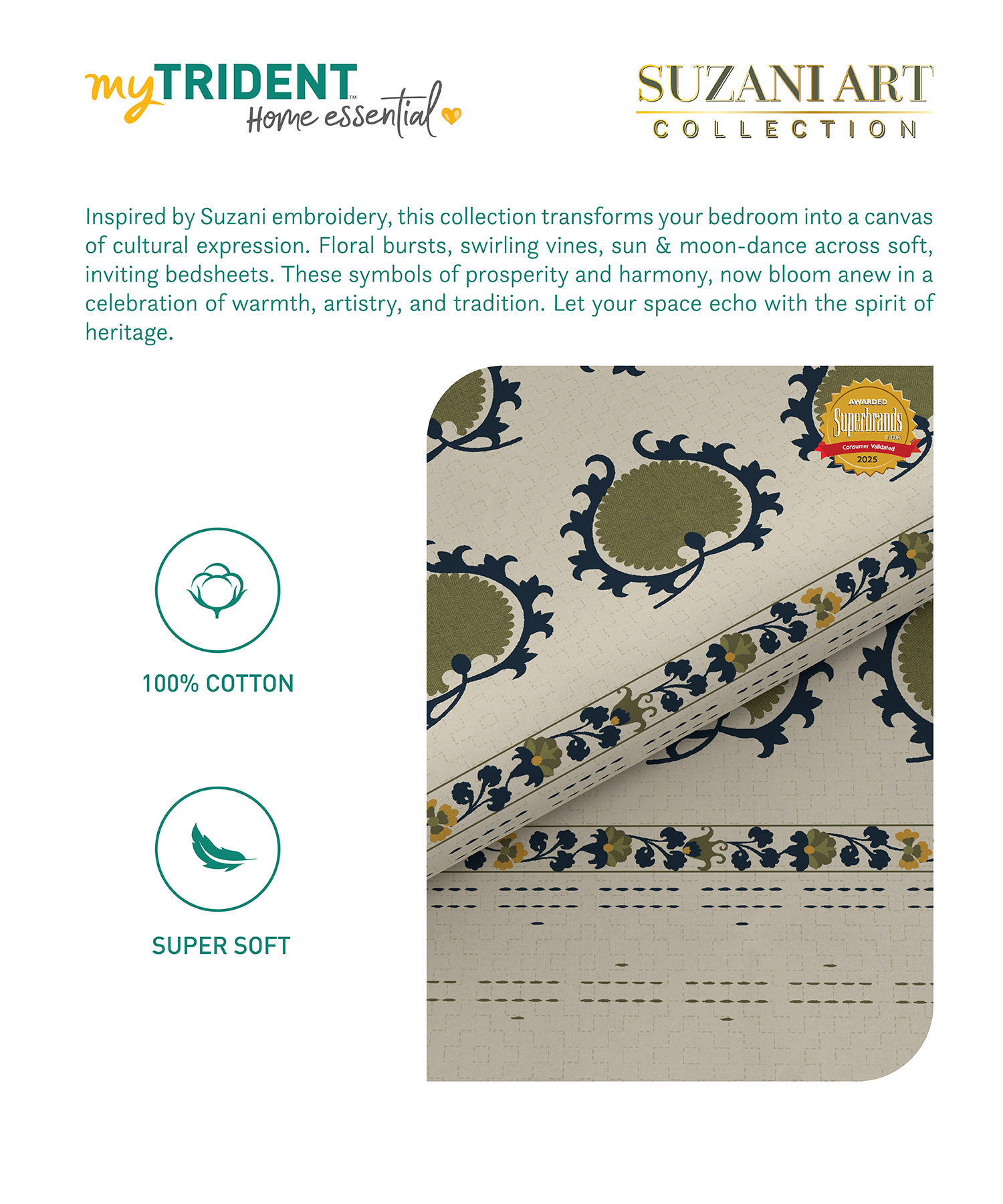 Home Essential  Suzani King Bedsheet, Nagma|144TC Cotton| 2 Pillow Covers