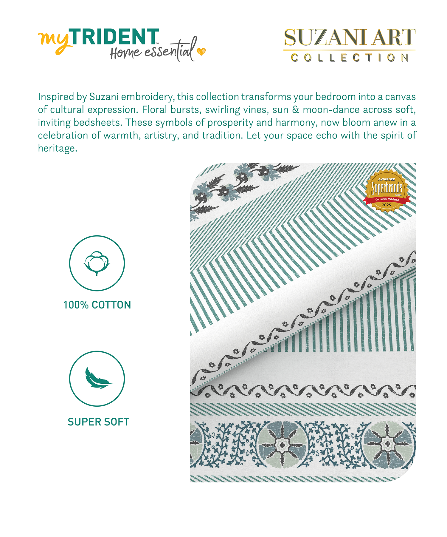 Home Essential  Suzani King Bedsheet, Naqsh|144TC Cotton| 2 Pillow Covers