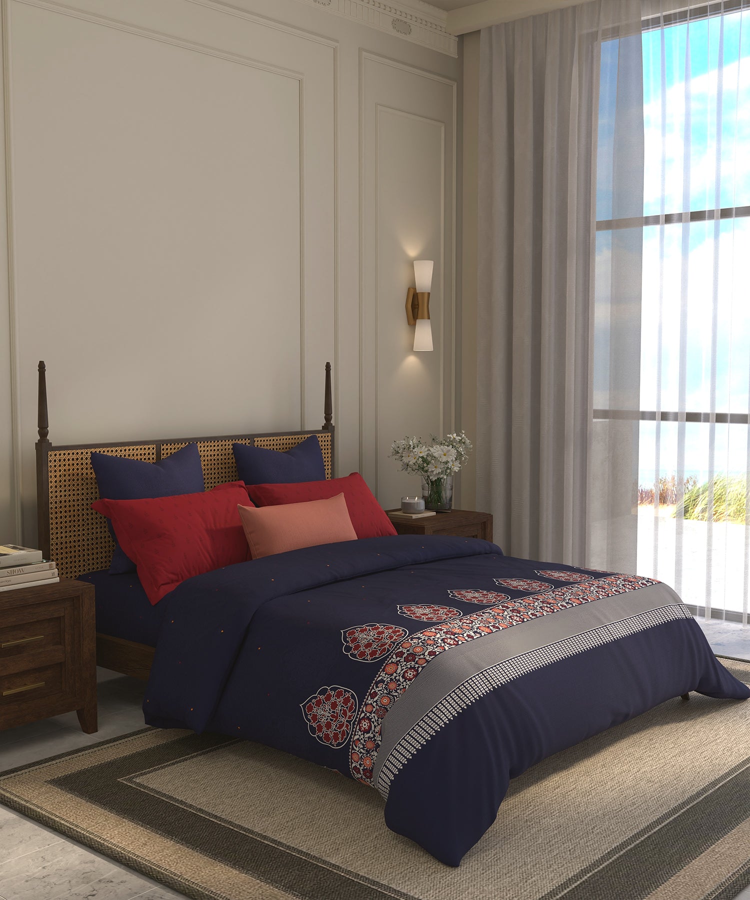 Home Essential  Suzani King Bedsheet, Neel Tara|144TC Cotton| 2 Pillow Covers