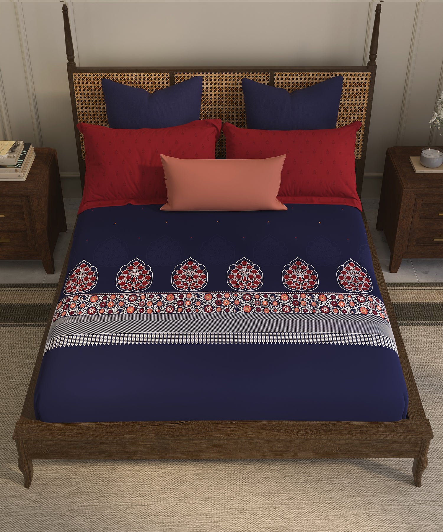 Home Essential  Suzani King Bedsheet, Neel Tara|144TC Cotton| 2 Pillow Covers