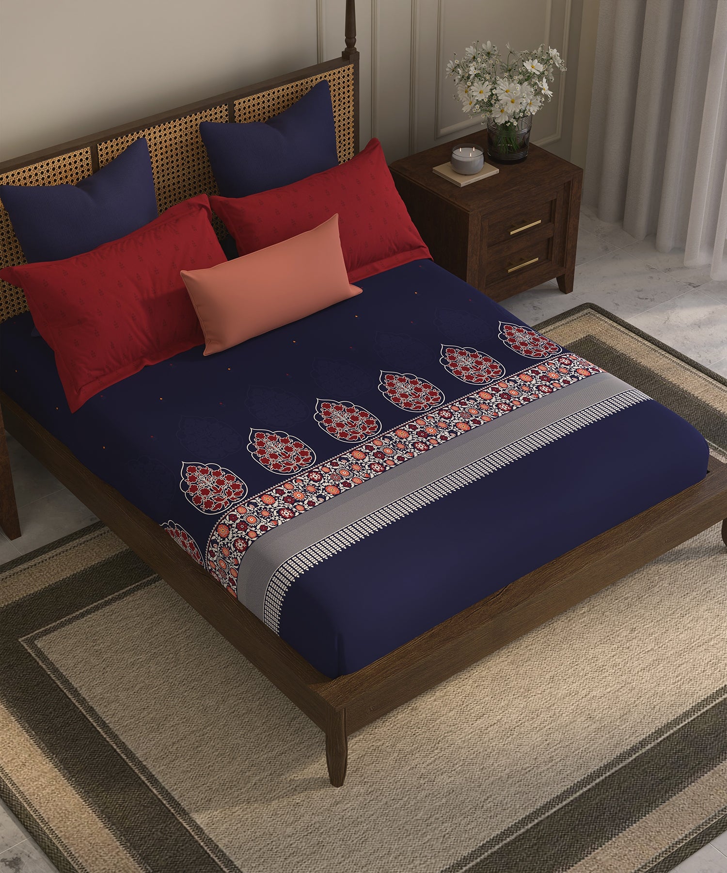 Home Essential  Suzani King Bedsheet, Neel Tara|144TC Cotton| 2 Pillow Covers