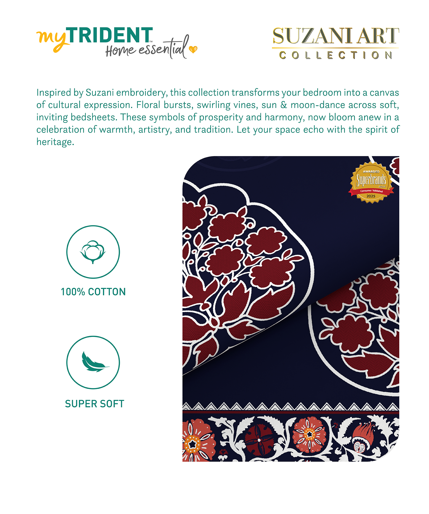 Home Essential  Suzani King Bedsheet, Neel Tara|144TC Cotton| 2 Pillow Covers