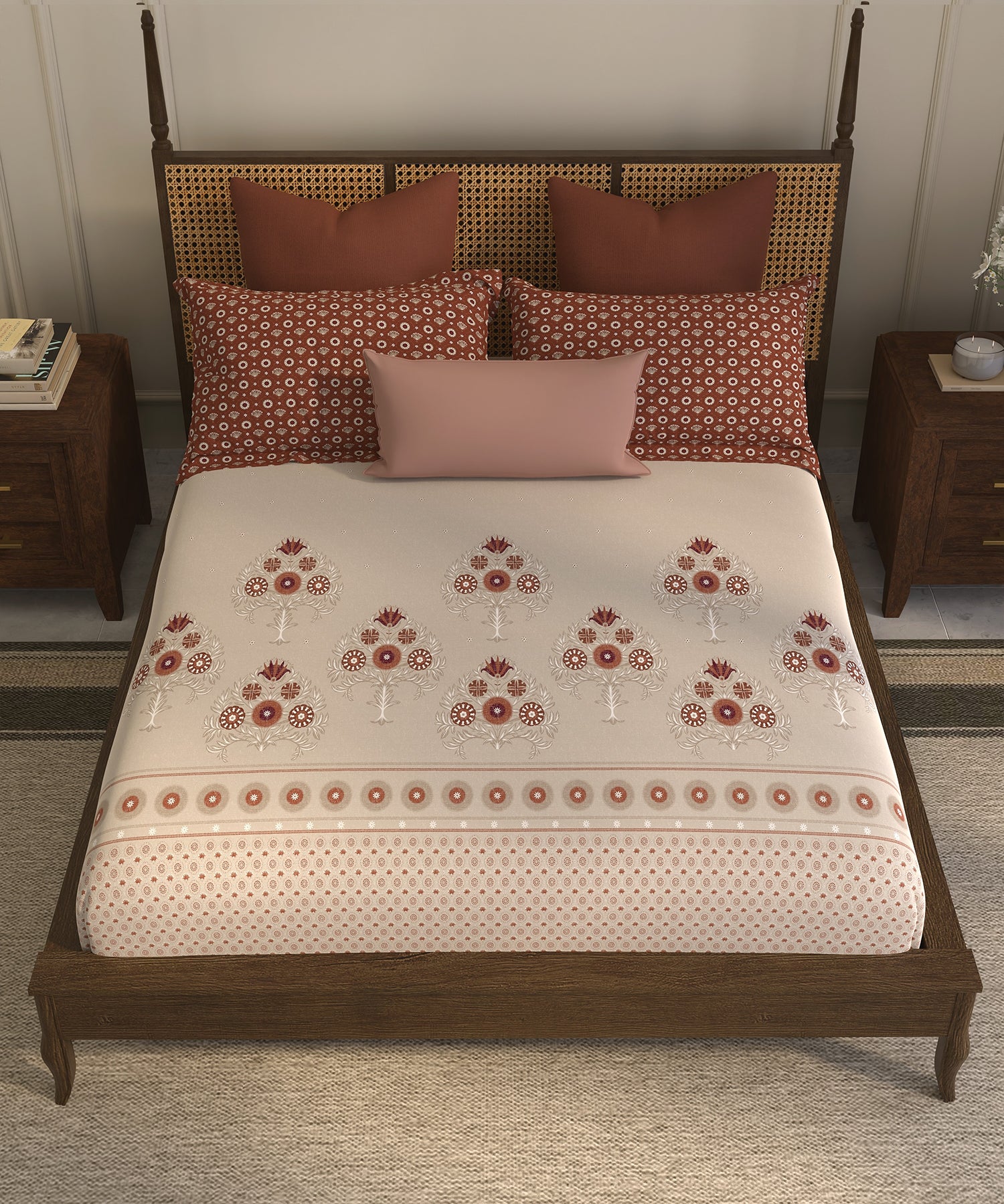 Home Essential  Suzani King Bedsheet, Peepal phool|144TC Cotton| 2 Pillow Covers