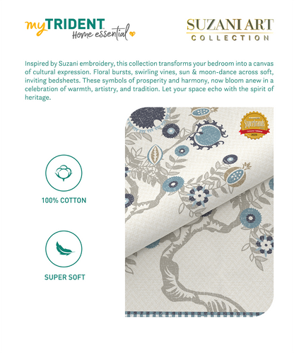 Home Essential  Suzani King Bedsheet, Resham Raag|144TC Cotton| 2 Pillow Covers