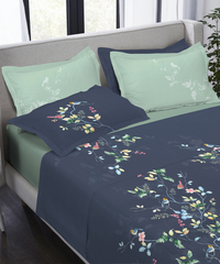 Indulgence Painterly Pattern King Bedsheet Set, Blue Bank|300 TC Cotton| 4 Pillow Covers
