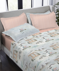 Indulgence Painterly Pattern King Bedsheet Set, The Quiet River|300 TC Cotton| 4 Pillow Covers