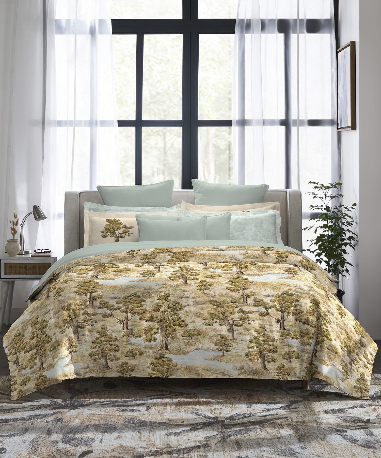 Indulgence Painterly Pattern King Bedsheet Set, Whispering Forest|300 TC Cotton| 4 Pillow Covers