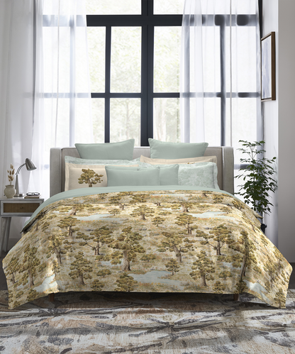 Indulgence Painterly Pattern King Bedsheet Set, Whispering Forest|300 TC Cotton| 4 Pillow Covers