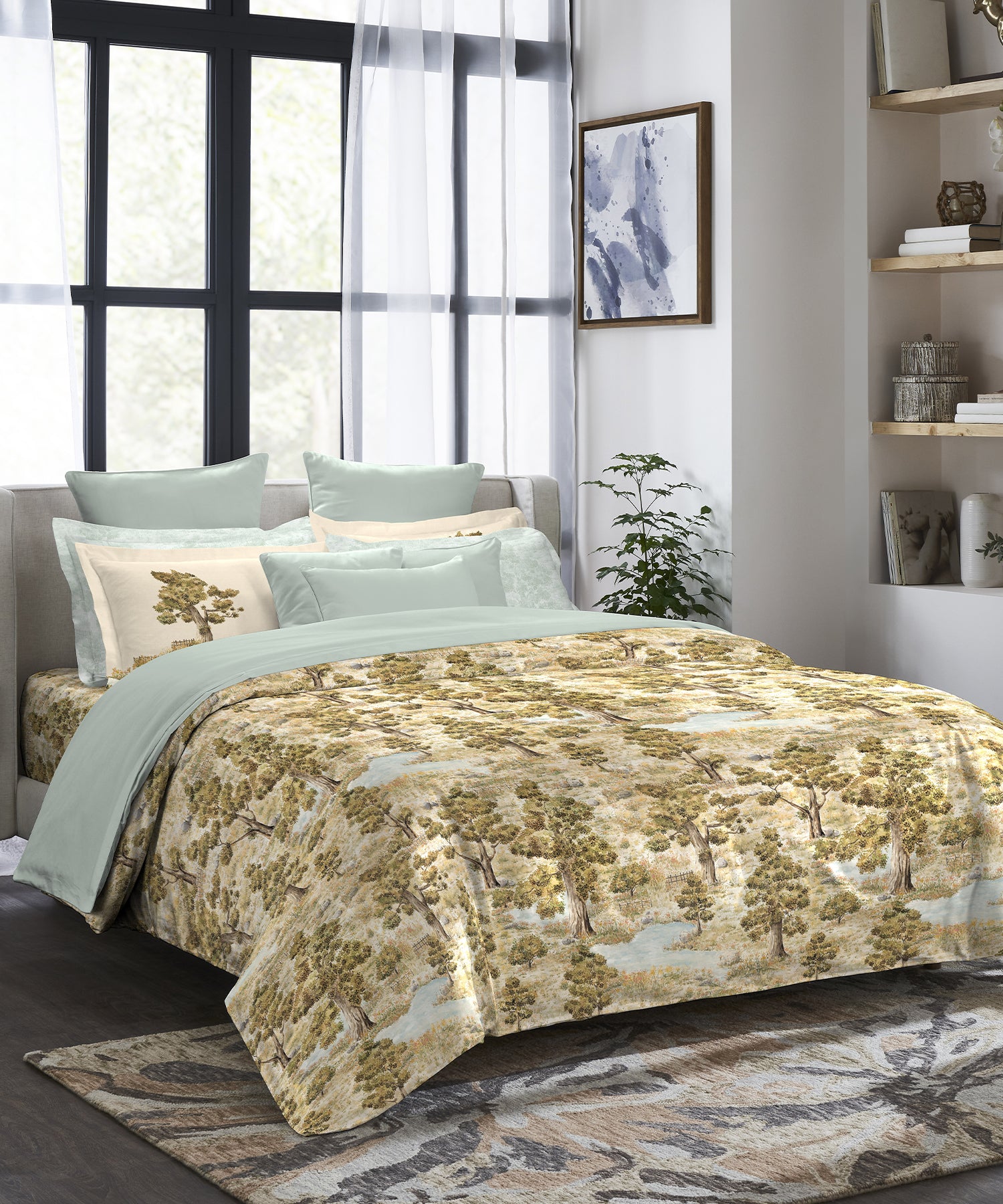 Indulgence Painterly Pattern King Bedsheet Set, Whispering Forest|300 TC Cotton| 4 Pillow Covers