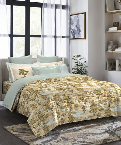 Indulgence Painterly Pattern King Bedsheet Set, Whispering Forest|300 TC Cotton| 4 Pillow Covers
