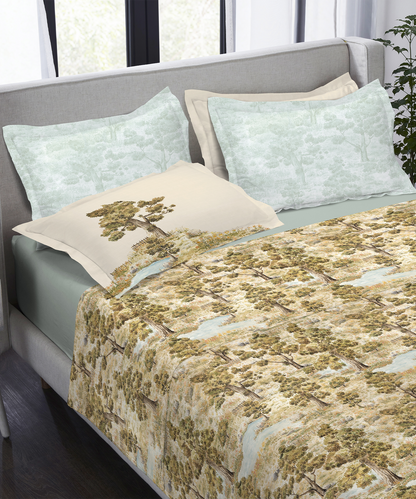 Indulgence Painterly Pattern King Bedsheet Set, Whispering Forest|300 TC Cotton| 4 Pillow Covers
