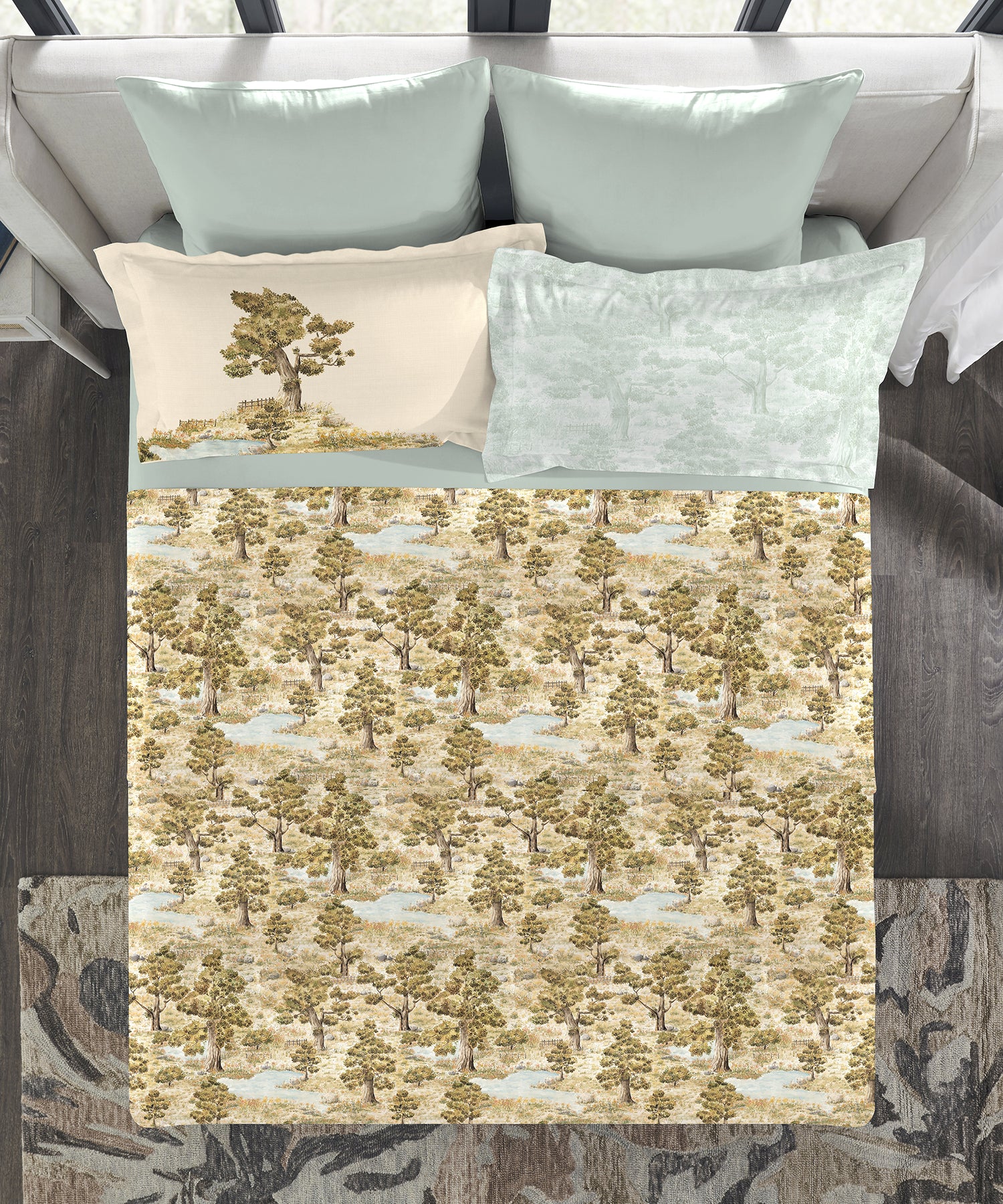 Indulgence Painterly Pattern King Bedsheet Set, Whispering Forest|300 TC Cotton| 4 Pillow Covers