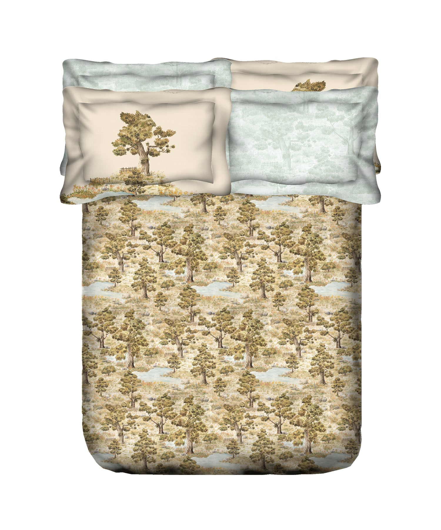 Indulgence Painterly Pattern King Bedsheet Set, Whispering Forest|300 TC Cotton| 4 Pillow Covers