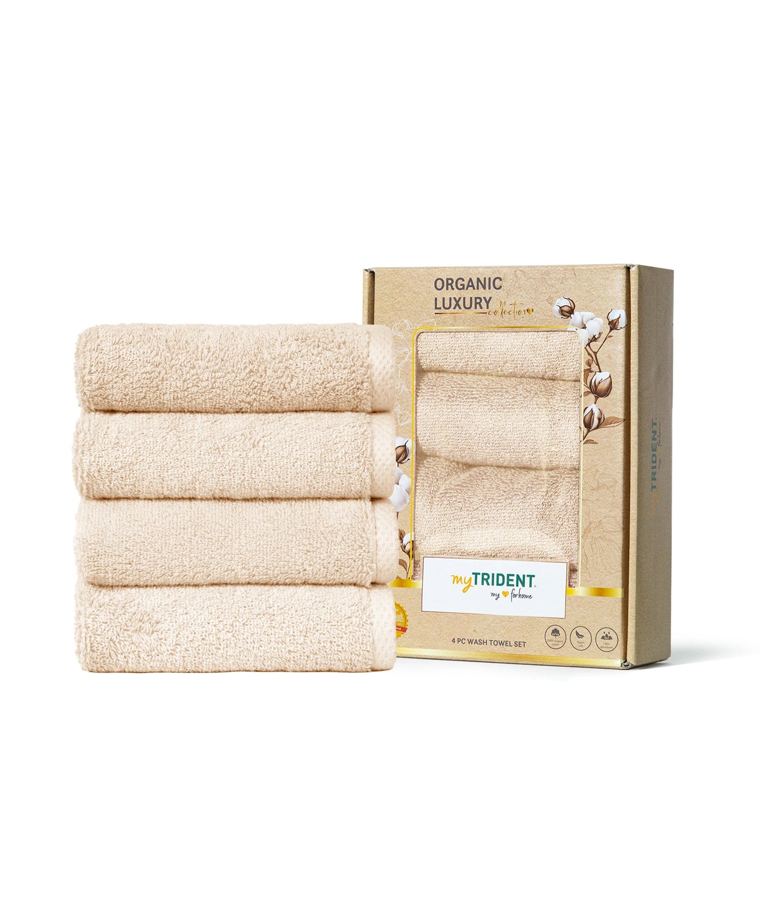 Organic Luxury 4Pc Wash Towel, Beige|650 GSM Organic Cotton