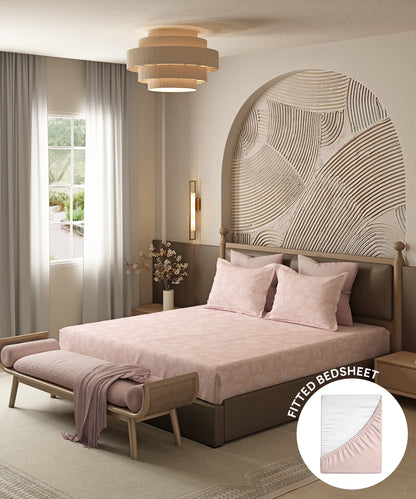 Home Essential Pastel Poetry Floral Fitted Bedsheet,IRAJA BLUSH|144TC Cotton| 2 Pillow Covers