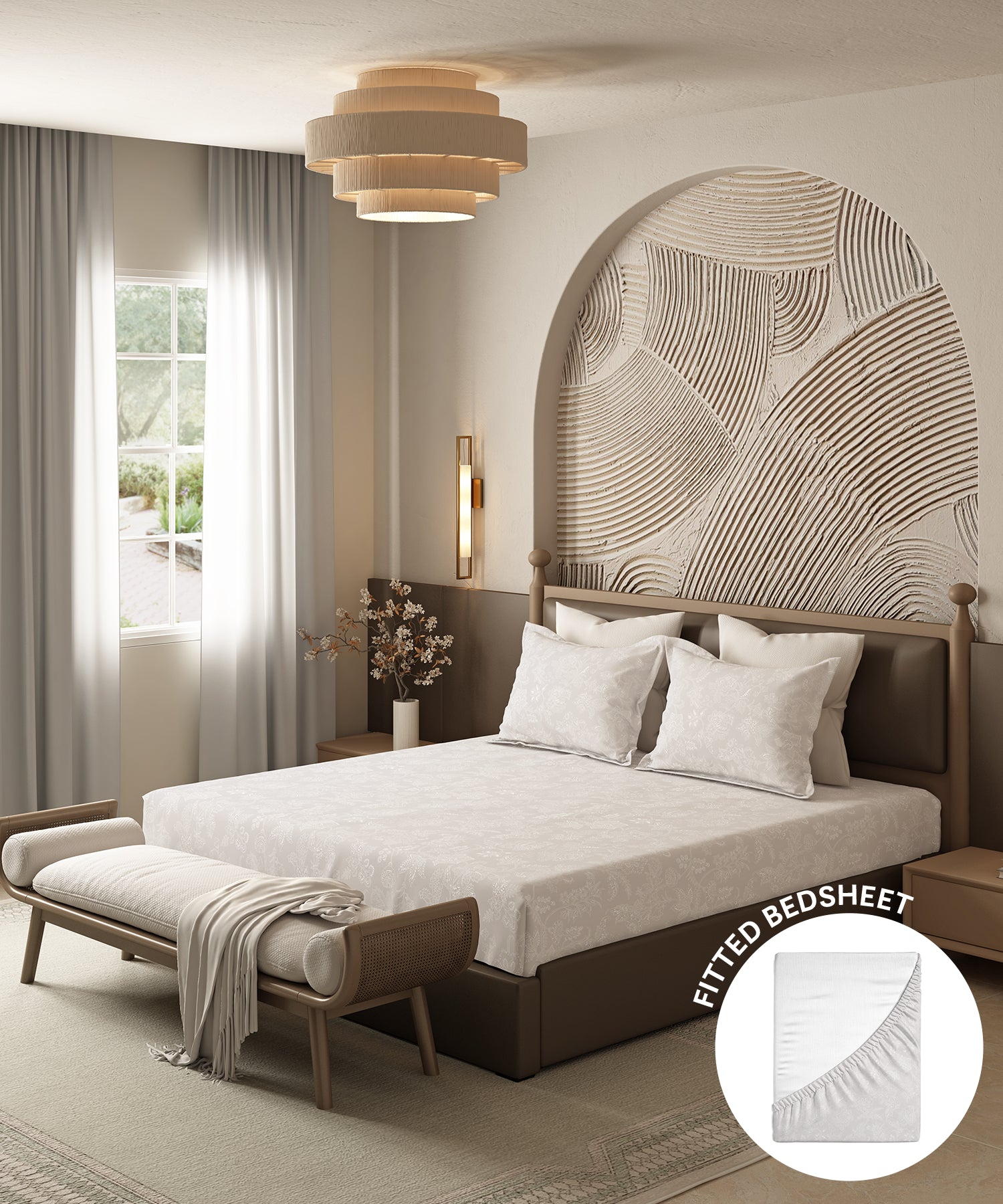 Home Essential Pastel Poetry Floral Fitted Bedsheet, IRAJA PEPPER|144TC Cotton| 2 Pillow Covers