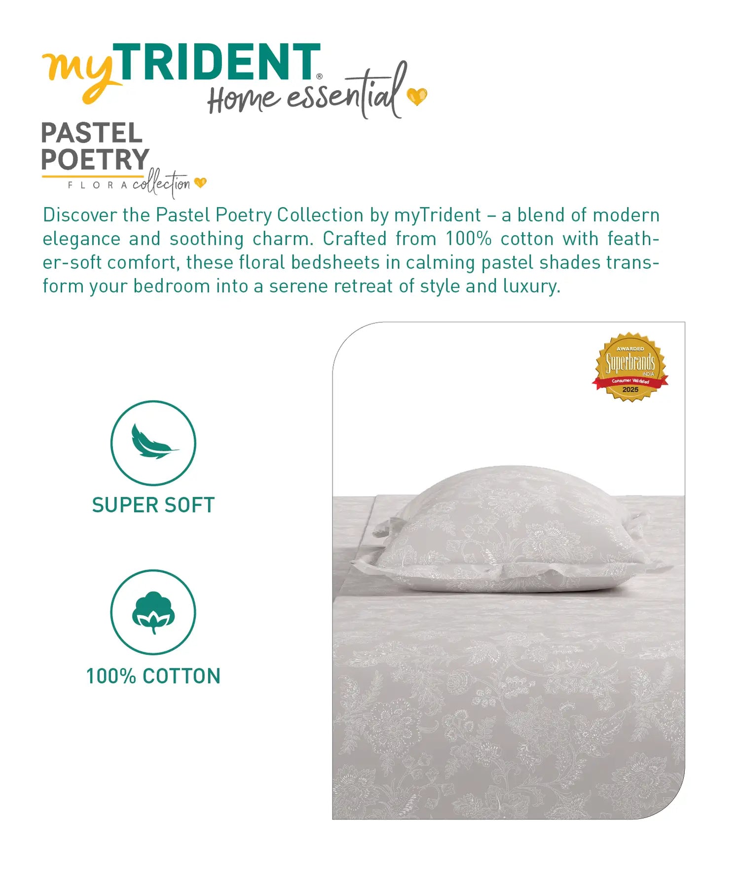 Home Essential Pastel Poetry Floral Fitted Bedsheet, IRAJA PEPPER|144TC Cotton| 2 Pillow Covers