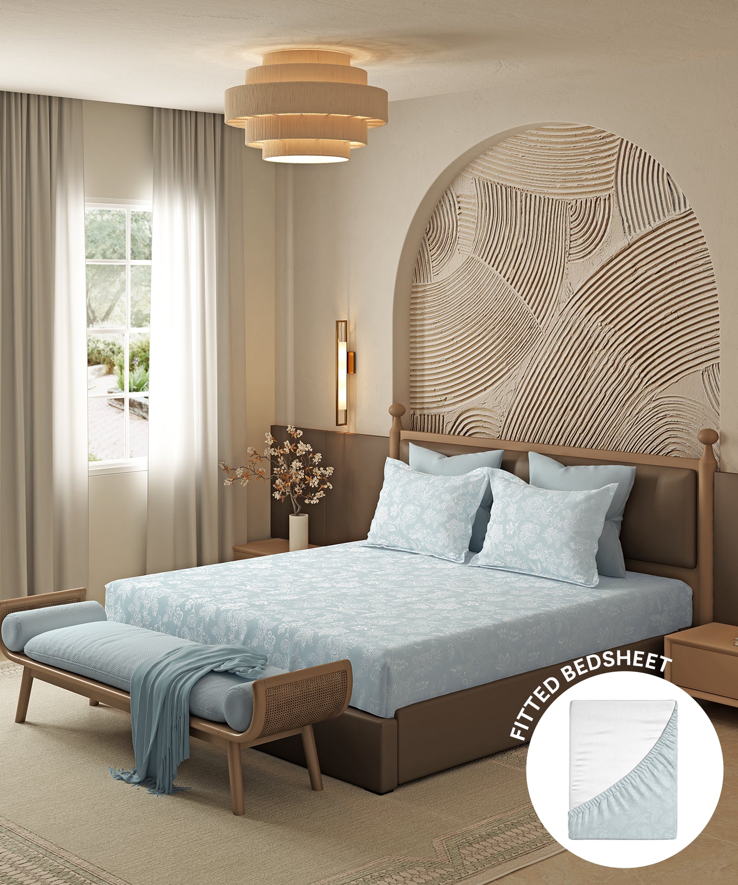 Home Essential Pastel Poetry Floral Fitted Bedsheet, IRAJA TIFFANY|144TC Cotton| 2 Pillow Covers