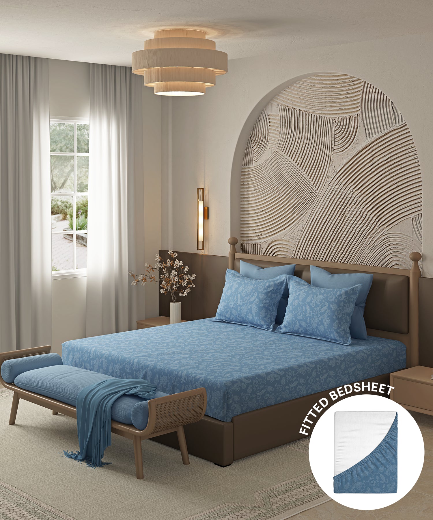 Home Essential Pastel Poetry Floral Fitted Bedsheet, NITARA COPENHAGEN|144TC Cotton| 2 Pillow Covers