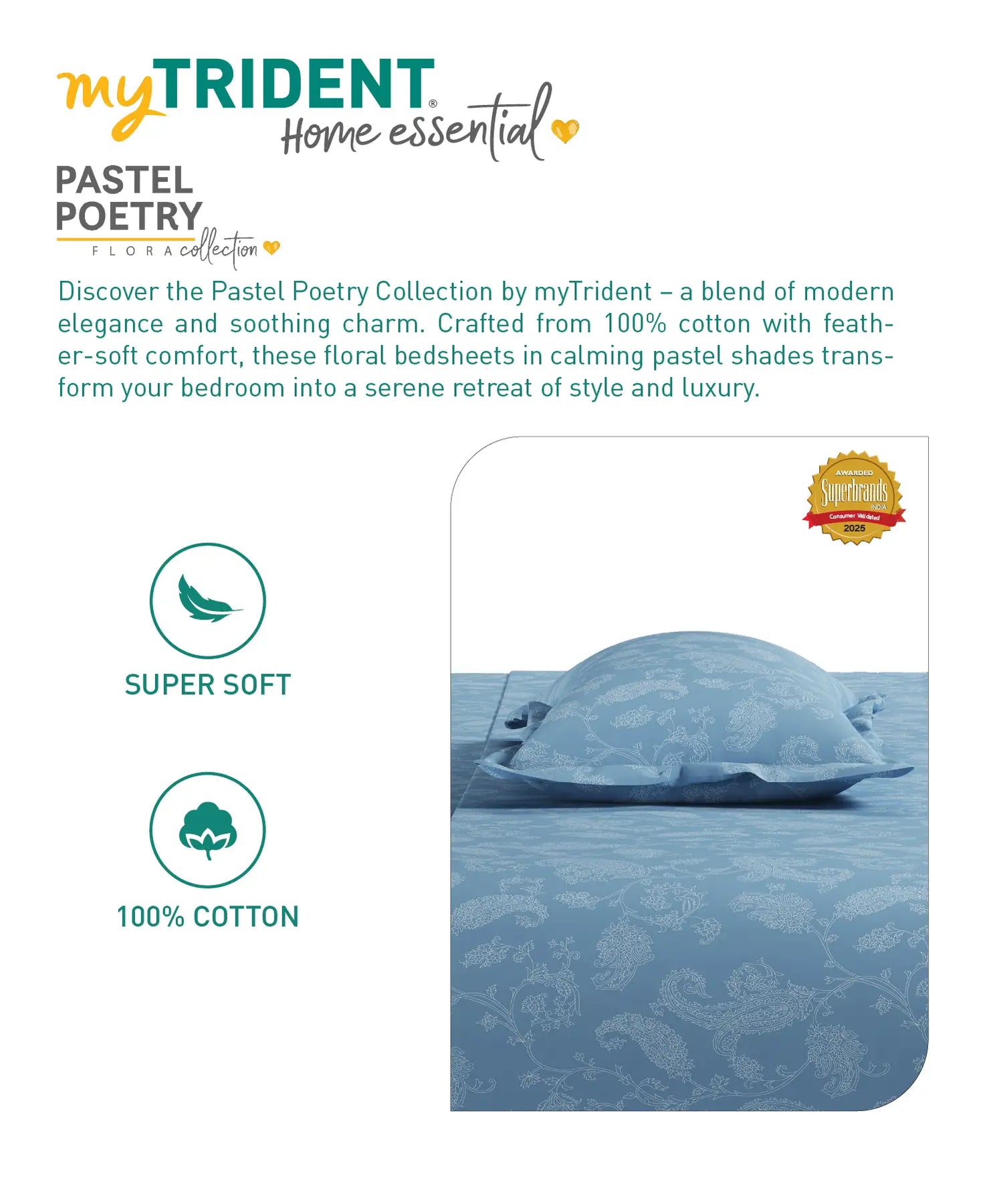 Home Essential Pastel Poetry Floral Fitted Bedsheet, NITARA COPENHAGEN|144TC Cotton| 2 Pillow Covers