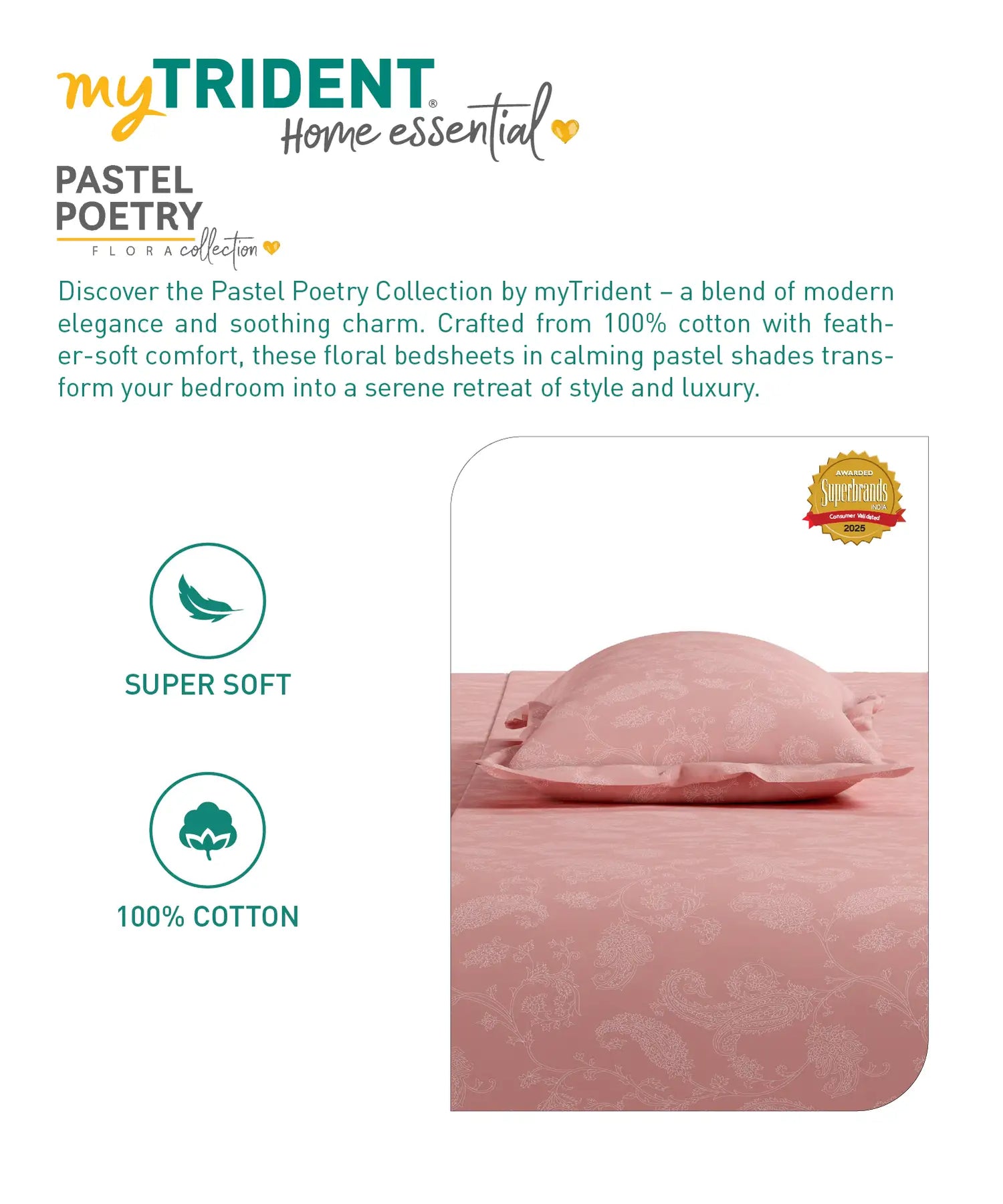 Home Essential Pastel Poetry Floral Fitted Bedsheet, NITARA PEONY|144TC Cotton| 2 Pillow Covers