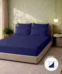 Style me Solid King Fitted Bedsheet, Navy |180 TC Cotton|2 Pillow Covers|Solid