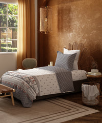 Home Essentials Namaste Bharat Single Bedsheet Set, Shor Gul Grey| 144 TC Cotton| 1 Pillow Cover