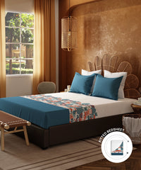 Home Essentials Namaste Bharat Fitted Bedsheet Set, Chetinad Blue| 144 TC Cotton| 2 Pillow Covers