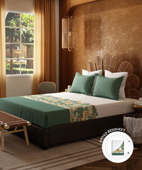Home Essentials Namaste Bharat Fitted Bedsheet Set, Chetinad Green| 144 TC Cotton| 2 Pillow Covers