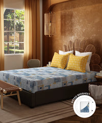 Home Essentials Namaste Bharat Fitted Bedsheet Set, Dakshin Dwaar Blue| 144 TC Cotton| 2 Pillow Covers