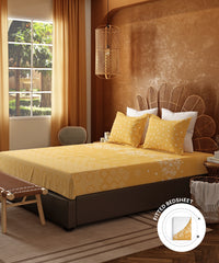 Home Essentials Namaste Bharat Fitted Bedsheet Set, Kolam Streets Yellow|144 TC Cotton| 2 Pillow Covers