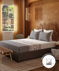 Home Essentials Namaste Bharat Fitted Bedsheet Set, Shor Gul Grey|144 TC Cotton| 2 Pillow Covers
