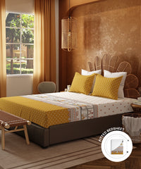 Home Essentials Namaste Bharat Fitted Bedsheet Set, Shor Gul Yellow|144 TC Cotton| 2 Pillow Covers