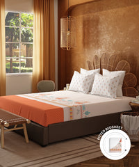 Home Essentials Namaste Bharat Fitted Bedsheet Set, Vatsalya Orange|144 TC Cotton| 2 Pillow Covers