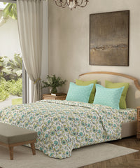 Home Essential Queen Bedsheet Set, Sunehri Teal|144 TC Cotton|2 Pillow Covers