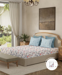 Home Essential King Fitted Bedsheet Set, Ditsy Bell Pink| 144 TC Cotton| 2 Pillow Covers
