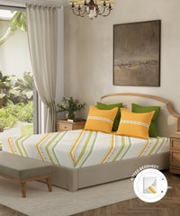 Home Essential King Fitted Bedsheet Set, Pop Art Green| 144TC Cotton| 2 Pillow Covers