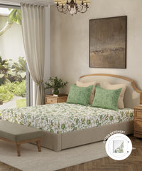 Home Essential King Fitted Bedsheet Set,Spring Jacobean Green| 144TC Cotton| 2 Pillow Covers