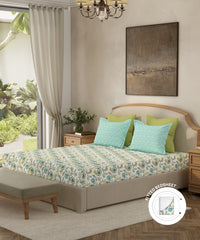 Home Essential King Fitted Bedsheet Set,Sunheri Teal| 144TC Cotton| 2 Pillow Covers