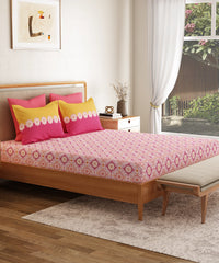 Everyday Printed King Bedsheet Set, Meadow Pink| 120TC Cotton| 2 Pillow covers